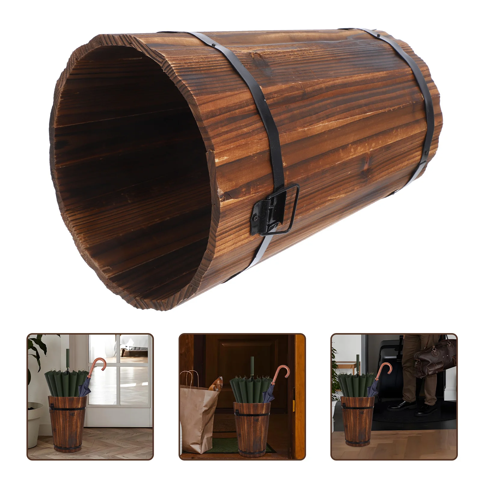 

Farmhouse Style Wooden Umbrella Stand for Indoor Use Extra Large Capacity Storage Bucket Entryway Organizer Sturdy Rain Gear