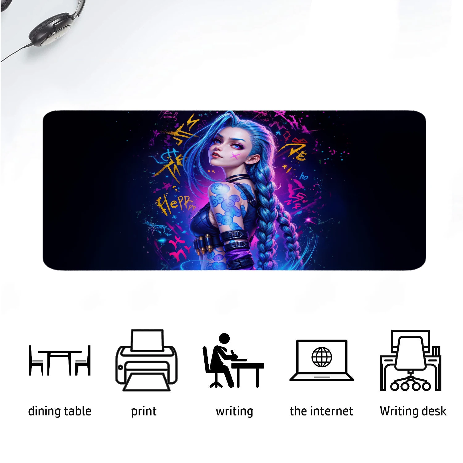 Anime Girl Mouse Pad LOL Jinx Mousepad Large Desk Mat Computer Keyboard Pad Non-Slip Game Mouse Mat Big Mouse Pad for Office