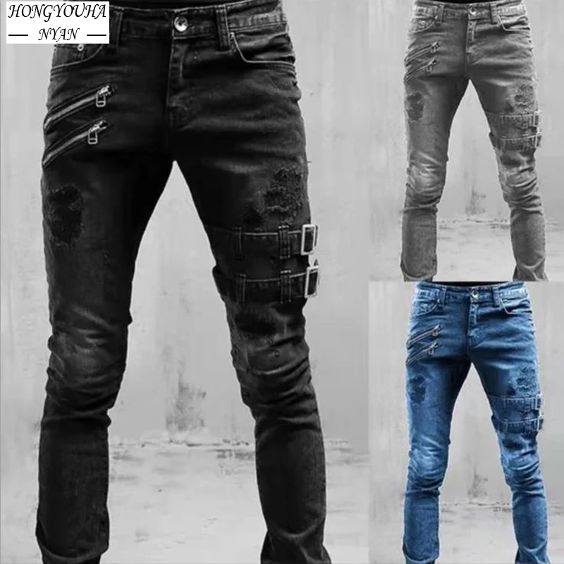 Pantalones vaqueros ajustados de pierna recta para hombre, Jeans rasgados, ropa de calle para jóvenes, pantalones largos de Moto Harajuku, negro