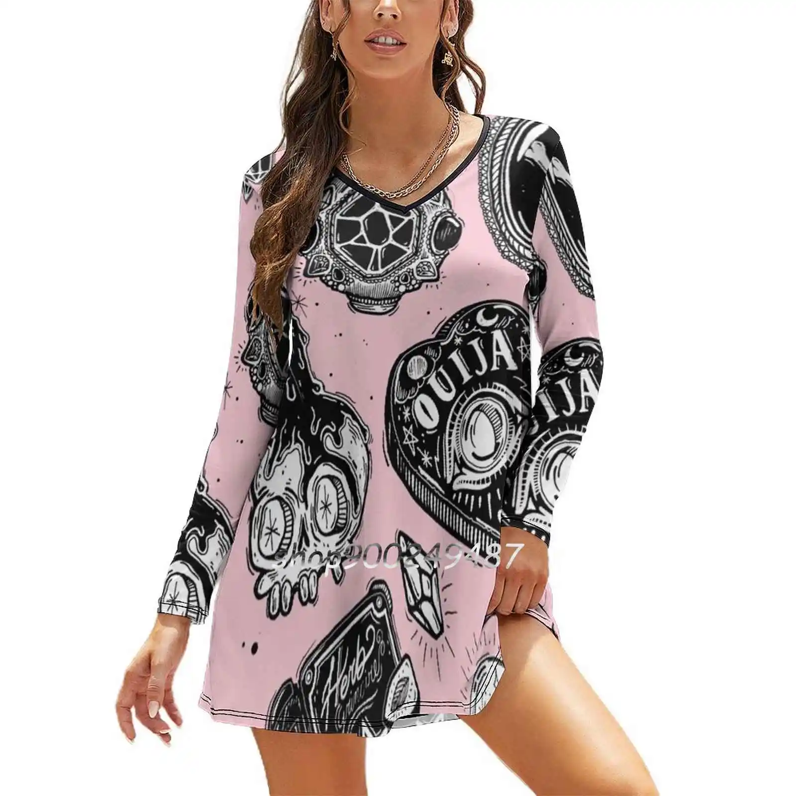 

Witchy Elegant Party Women Dress Slim V Neck Long Sleeve Dress Casual Dresses Witchy Witchcraft Witch Pattern Creepy Spooky