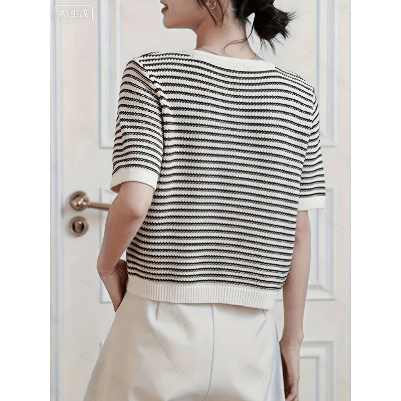 French-Style Chic Red Striped Short-Sleeve-Shirt Women, Autumn Cropped Vintage Classic Elegant Style Top Cardigan with Rou