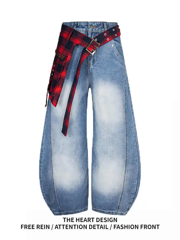 

Women Y2k Jeans with Wrap Skirt Harajuku Baggy Denim Trousers Vintage Boyfriend Oversize Jean Pants Japanese 2000s Style Clothes