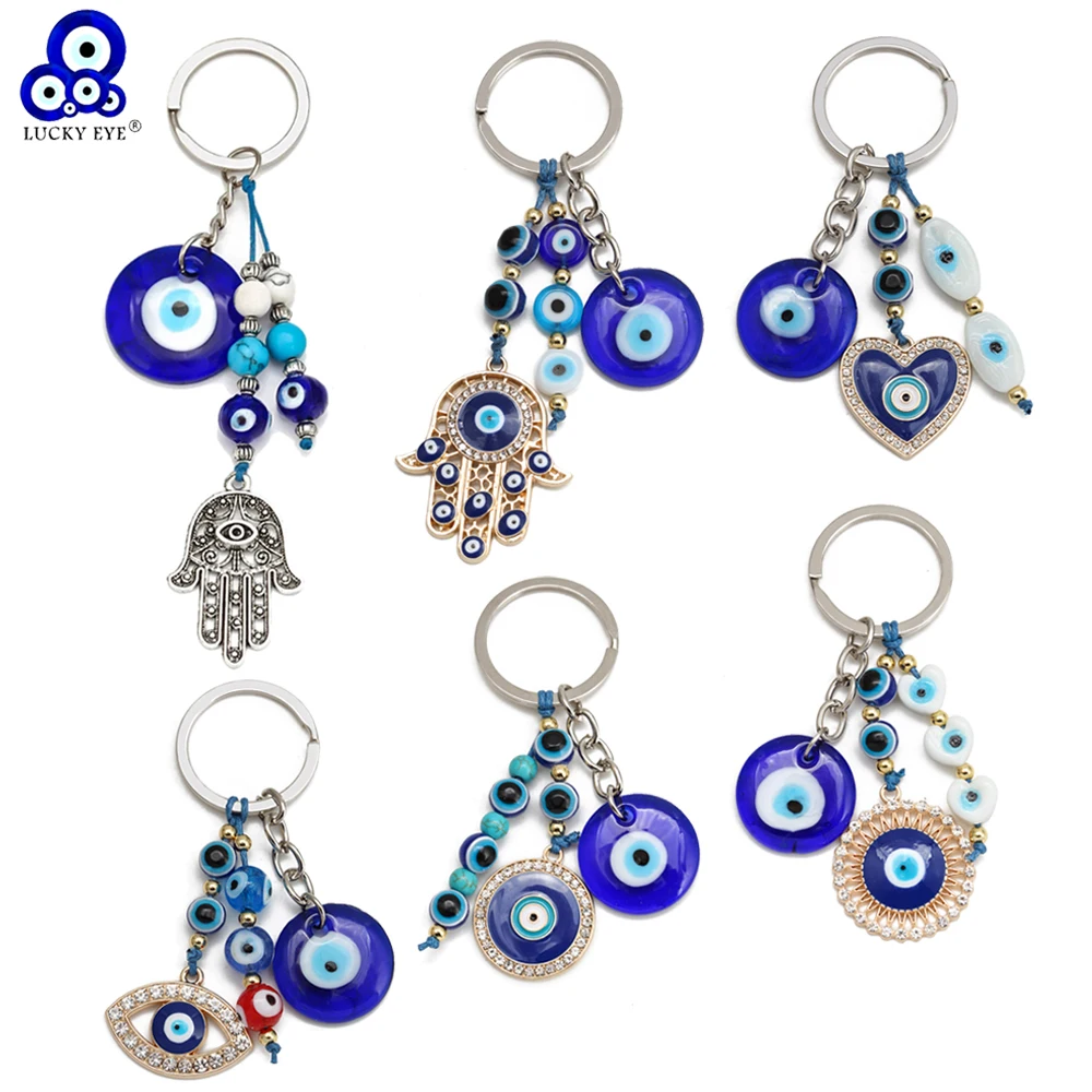 Lucky Eye Alloy Fatima Hand Elephant Owl Tree of Life Keychain Blue Turkish Evil Eye Key Chain Car Keyring for Women Men Jewelry