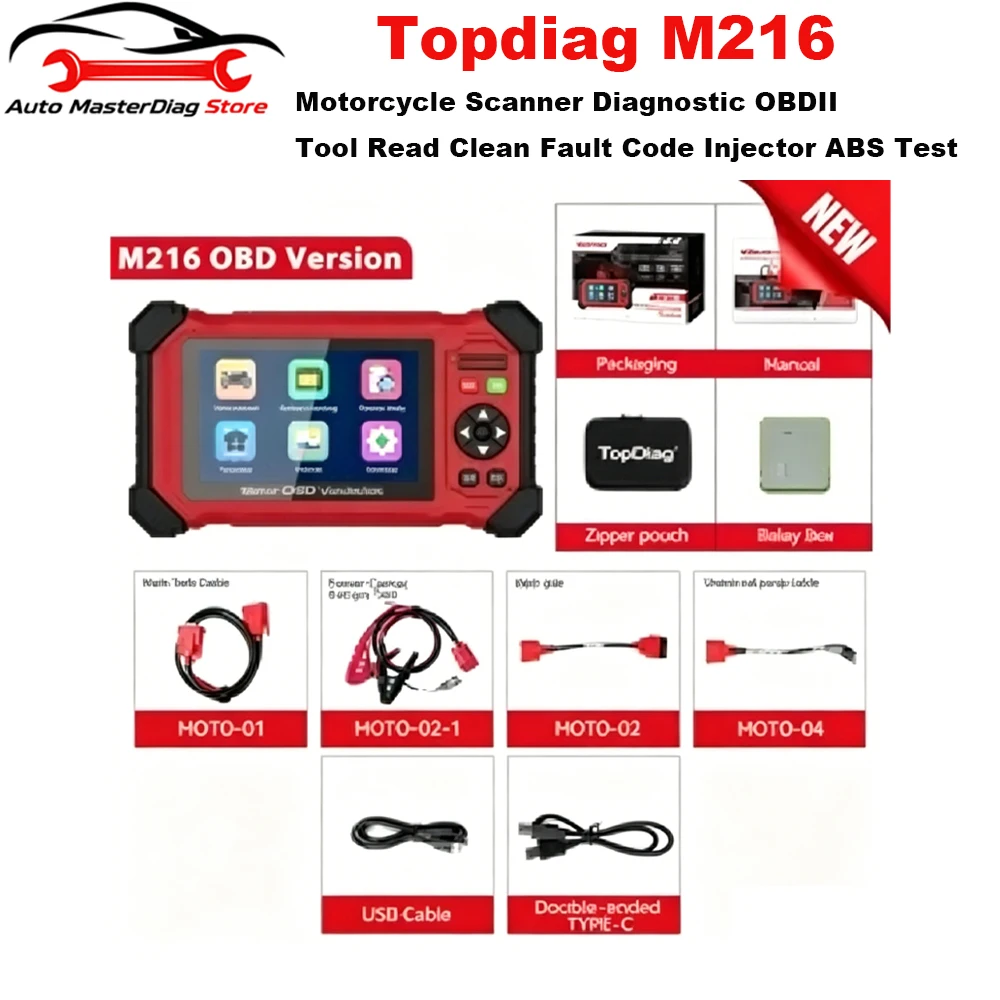 Topdiag M216 Motorcycle Scanner Diagnostic OBDII Tool Read Clean Fault Code Injector ABS Test EURO5 For BMW Yamaha KTM SUZUKI