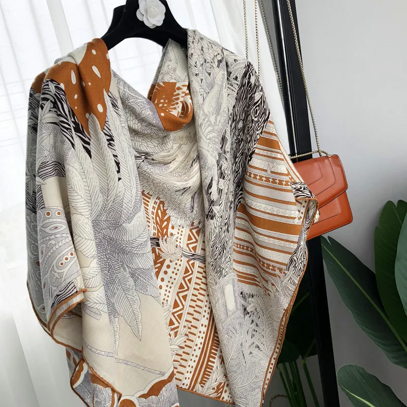 Winter Silk Wool Scarf Female Designer Sun Printed Square Mulberry Shawls and Wraps 135CMX135CM Herm Roller Edge Cape