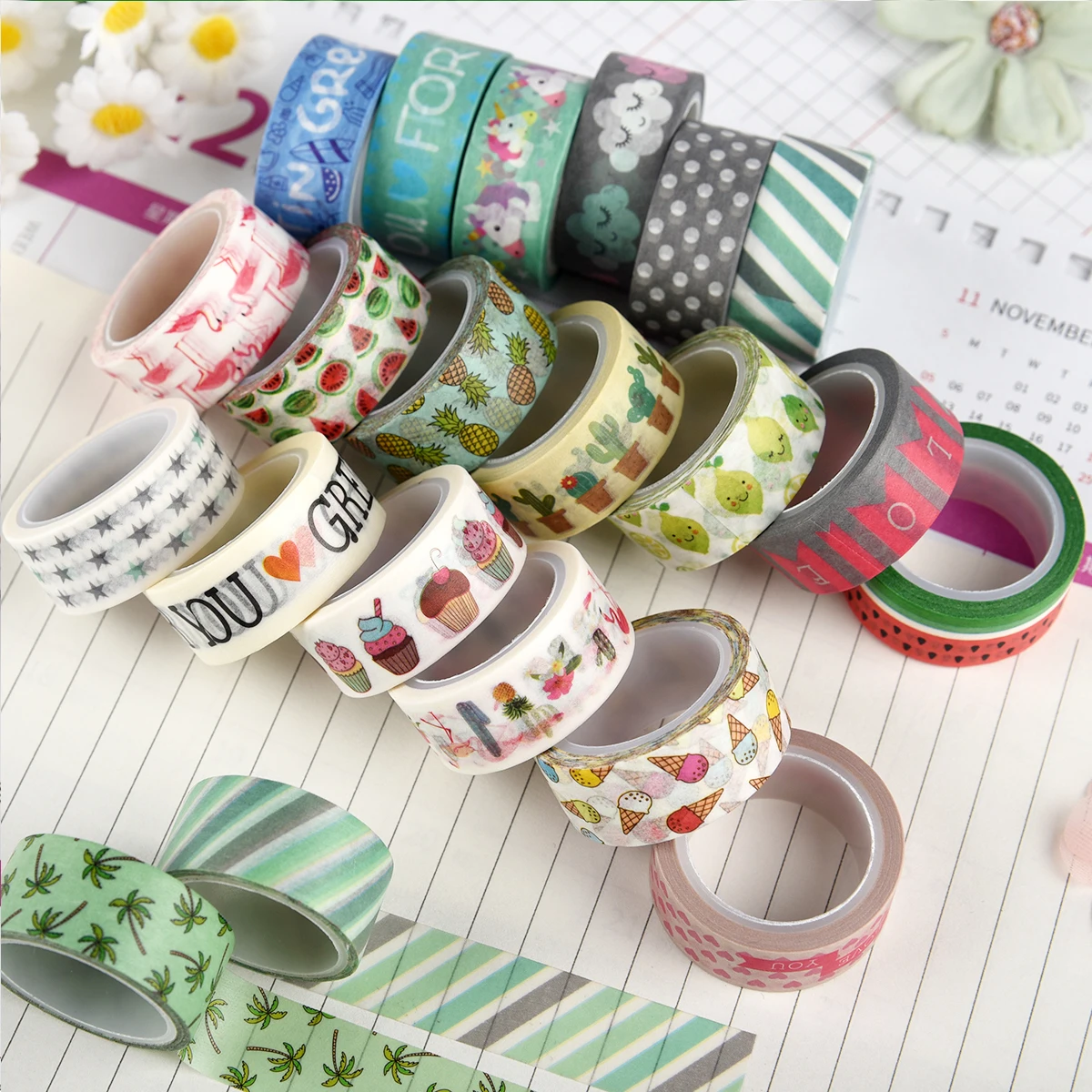 Kawaii Washi Tapes, Cute Cartoon DIY Masking Tape, Grid Sticky Note Paper for Scrapbooking & Journaling