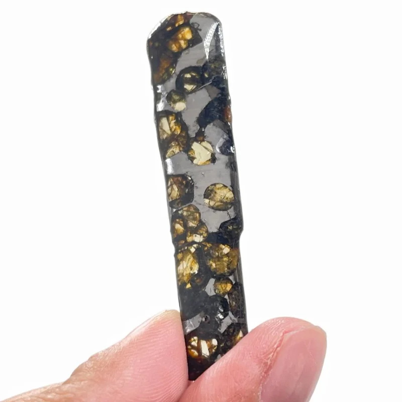 Seymchan Pallasite Meteorite Rock Specimen Polished Long Strip Irregular Slice Natural Olivine Crystal Space Collectible CA121