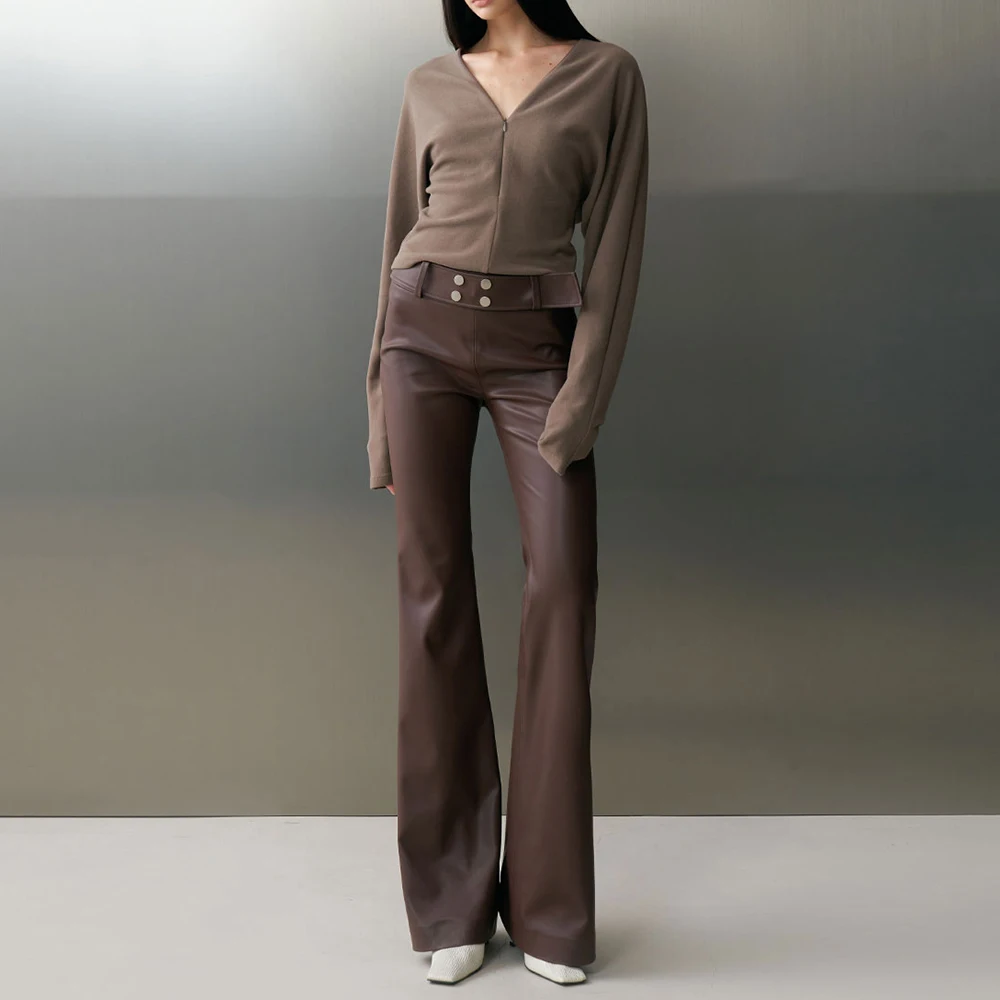 TWOTWINSTYLE Solid Spliced Sashes Chic Leather Trousers Female High Waist Slimming Streetwear Women's Pants Autumn New Fashion