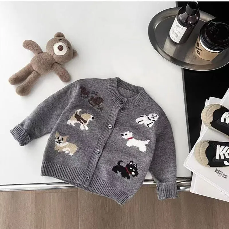 

2025 New Autumn and Winter Boys and Girls Knitted Cartoon Long-sleeved Jacquard Puppy Jumper Coat Children Jumper Cardigan