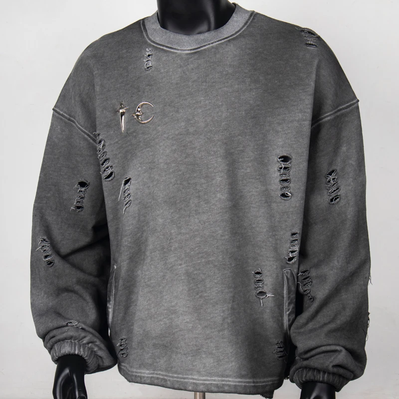 

Damaged Hole Thug Club Sweatshirts Black Gray White Metal Moon Star Logo Pockets Clothes Men Women Oversize Sweatshirts Pullover