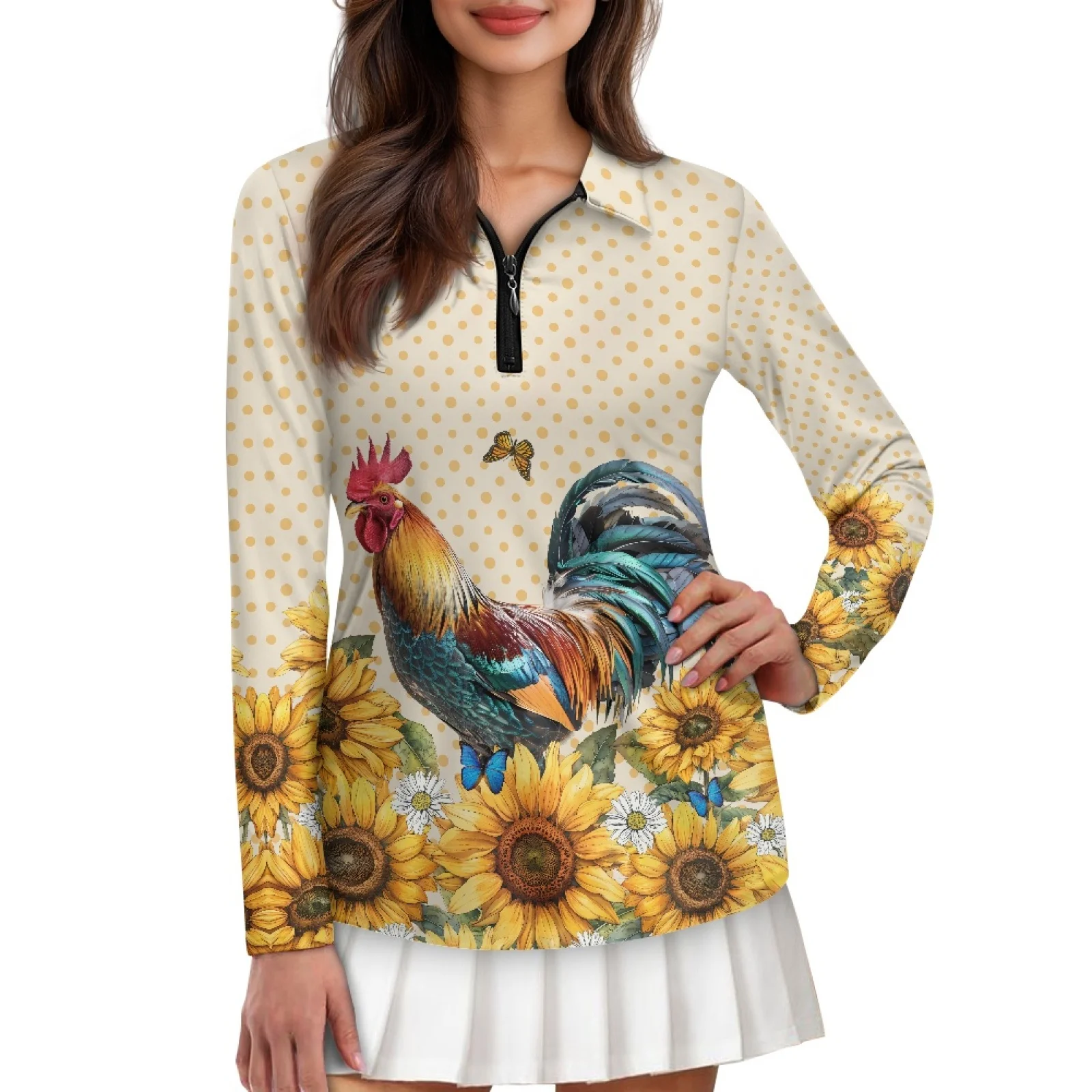 PENSTROLL Rooster Sunflower Womens Quarter Zip Activewear Machine Washable Golf Shirts for Badminton