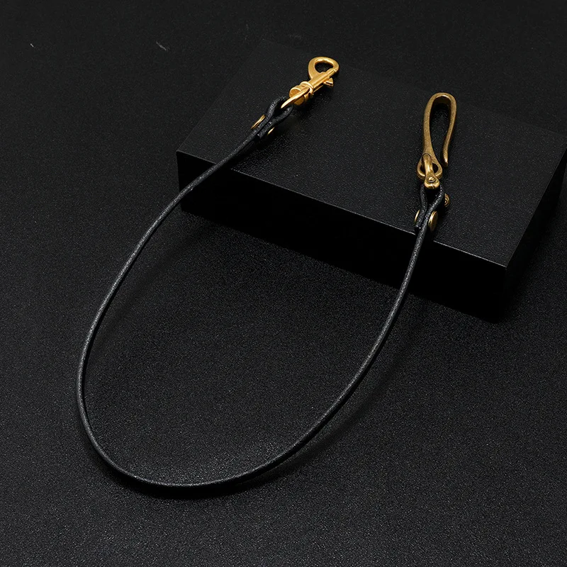 Handmade Long Biker Motorcycle Trucker Brown Black Cowhide Plain Genuine Leather Keyring Jean Wallet Chain With Hook Clasp