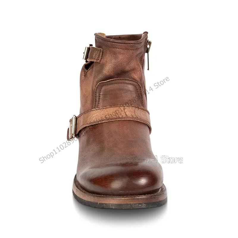 Botas marrones de punta redonda para hombre, zapatos de vestir sin cordones, decoración de cinturón, artesanía de lujo, fiesta, banquete, Oficina