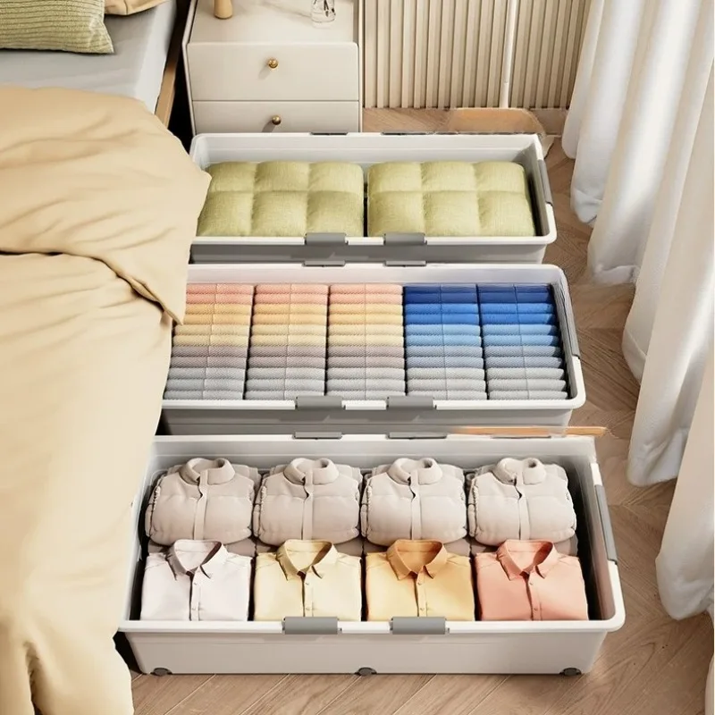 

Space-Saving Clear Low Profile Underbed Storage Bin w/ Wheels, Sliding Drawer-Style Box for Bedroom Clothes, Shoes & Linens