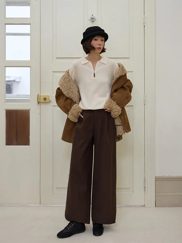 

Брюки Passion Winter Woolen Fce Lined Loose Casual с высокой талией, прямые, однотонные, из смесовой ткани (полиэстер, акрил)