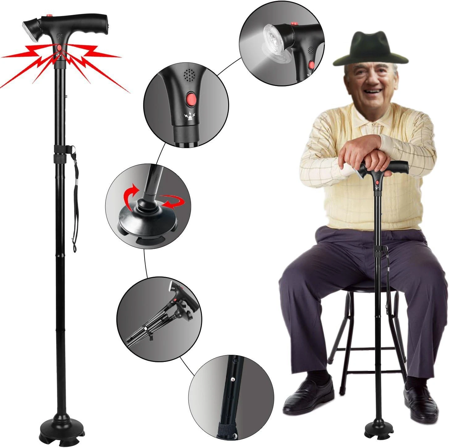 Folding LCD Walking Stick Cane With Flashlight ,SelfStanding Heavy Duty Rubber Replacement for Walking Cane- Stable 4 Point Non-Slip Feets Base - 4 Leg BlackAttachment Foot Pad for Folding and Walking Stick