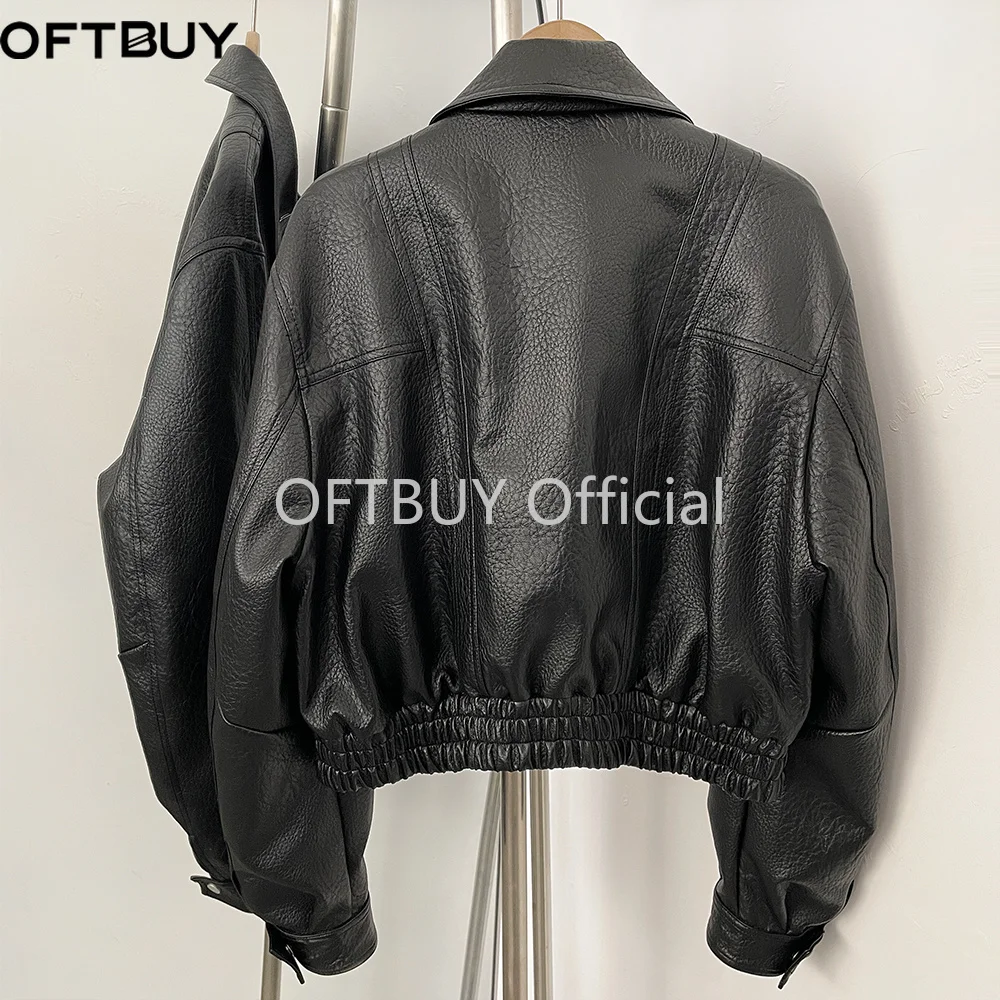 OFTBUY Damen Schwarze Kunstleder-Cropped-Aviatorjacke, Strukturierter PU-Mantel mit Elastischem Saum, Neue Vintage-Freizeitjacke – Detail 33