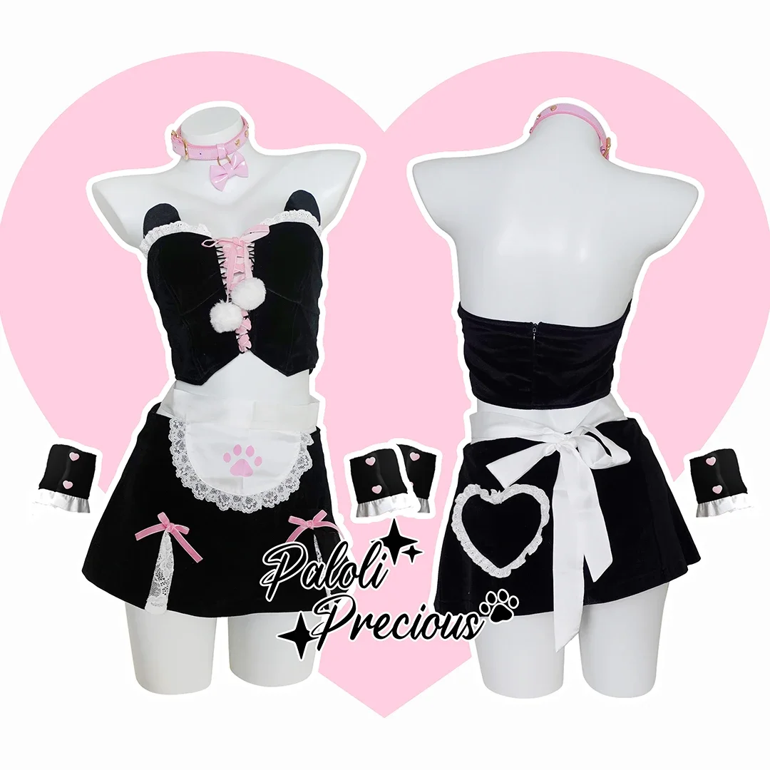 

Sexy Black With White Cross Lacing up Bandage Strapless Corset Crop Top + Low Waist Lace A-line Mini Skirt 2 pieces Maid Cosplay