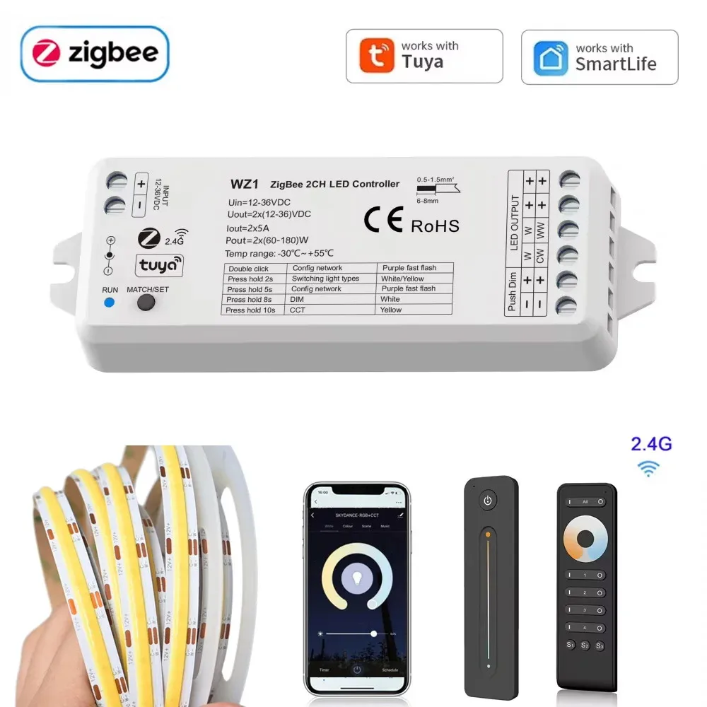 

Tuya Zigbee 2CH LED Controller 12V 24V COB CCT WW CW LED Strip Dimmer RF 2.4G Wireless Remote Smart Life APP Control WZ1