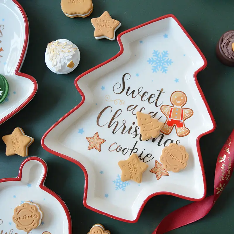 New Painted Christmas Dinner Plate Ceramic Candy Dessert Dish Display Tray for Holiady Christmas Day Santa Claus Pine Tree Plate