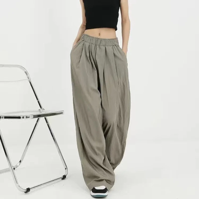 2024 Summer Women's New Splicing Solid Color Straight Leg Wide Leg Elasticized High-waisted Pocket Loose Casual Slimming Pants