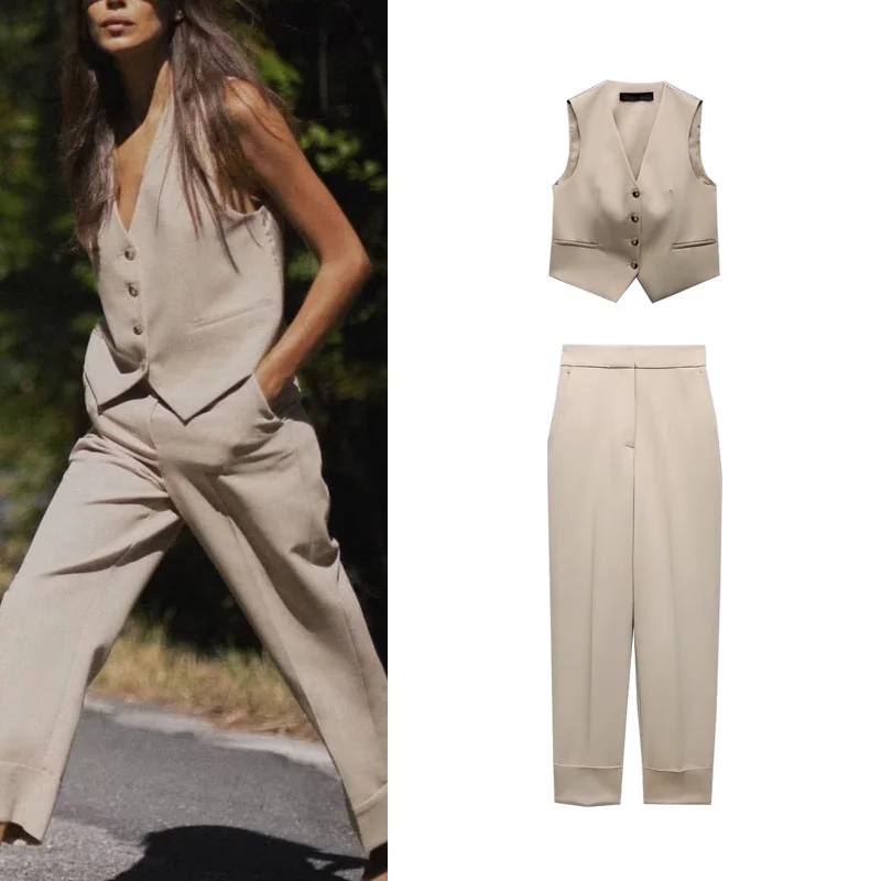 

Женский осенний полосатый лоскутный жилет и прямые брюки, модный комплект с манжетами на щиколотке, китайский бренд