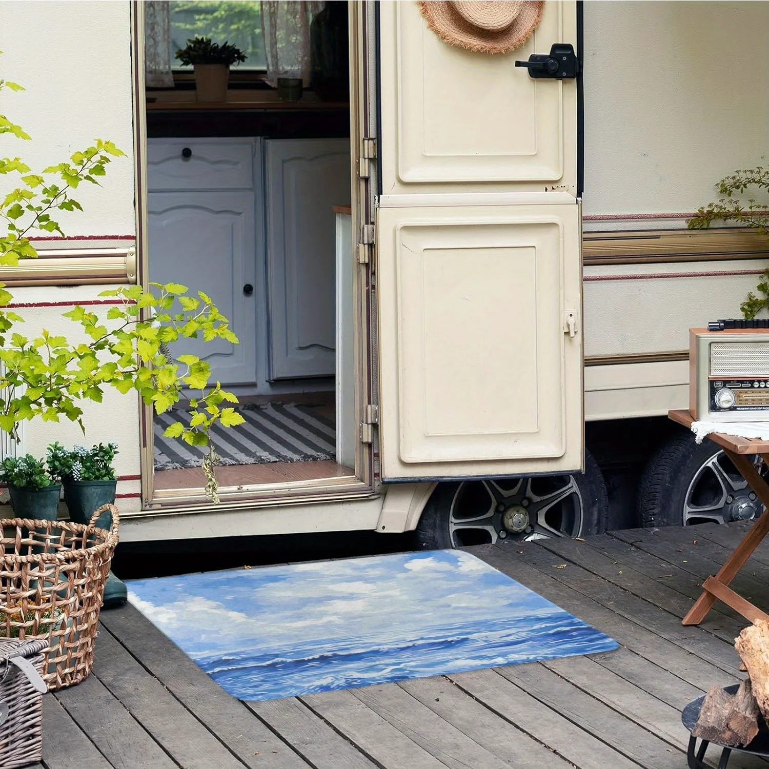 مجموعة سجادة أرضية الحمام RV مكونة من 3 قطع، مجموعة سجادة الحمام ذات اللوحة الزيتية للمحيط الأزرق، غطاء مرحاض على شكل حرف U مضاد للانزلاق، باب أرضي Ma #5