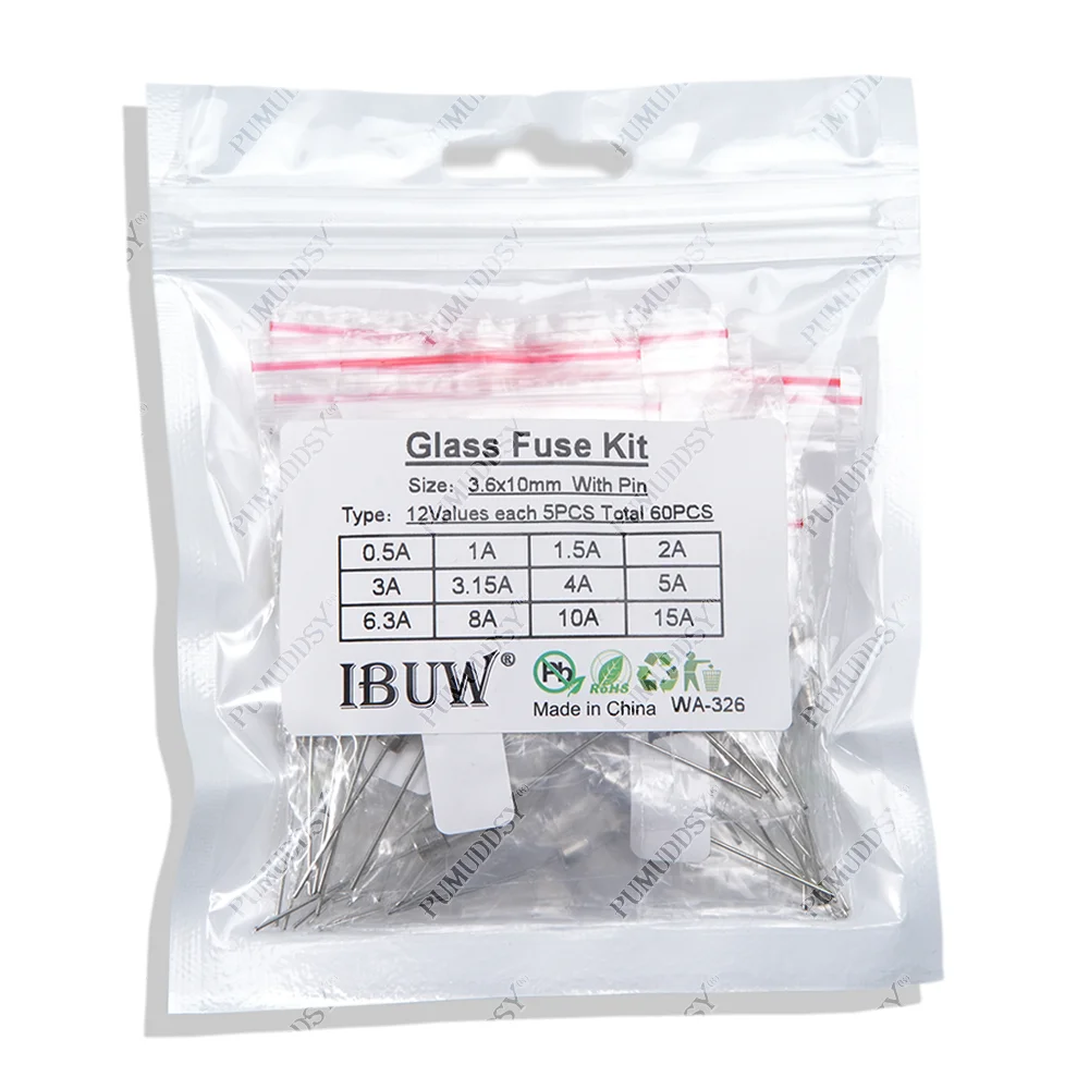 12values*5pcs=60pcs 3.6*10mm Glass fuse Slow blow 250V 3.6x10 0.1A 0.25A 0.5A 1A 2A 3A 3.15A 5A 6.3A 8A 10A 15A