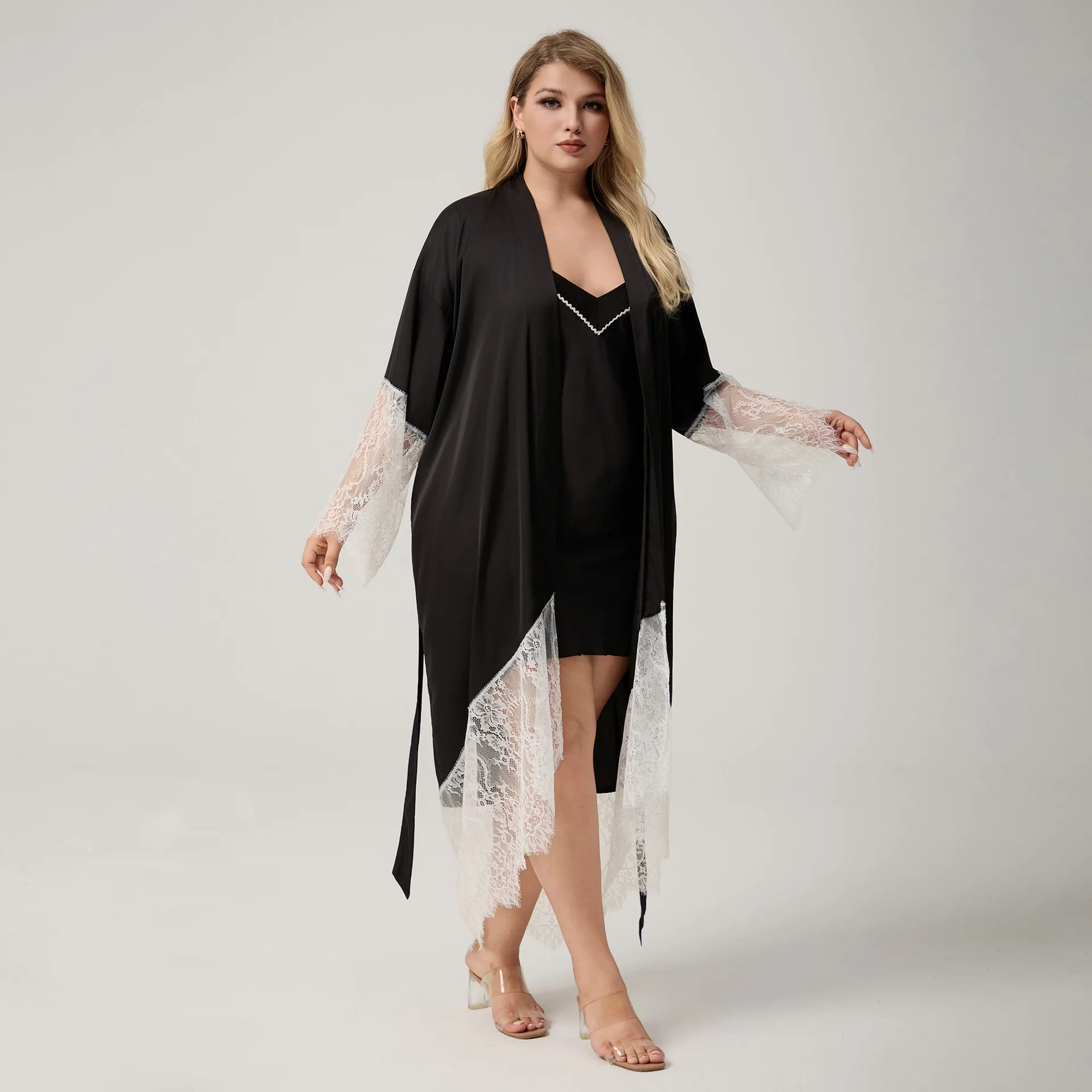 

Summer Autumn Female Long Lace Hem Robe Kimono Bathrobe Fashion Home Sleepwear Loose Casual Loungewear