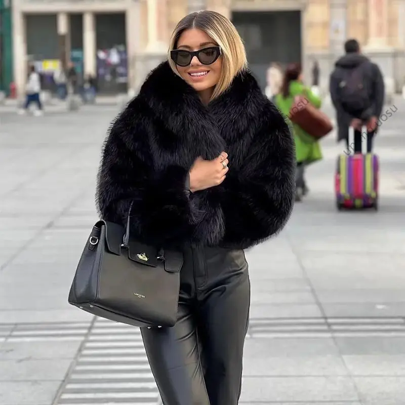 Black Shawl Collar Women Faux Fox Fur Coat Cropped Shaggy Fashion Brand 2024 Winter Warm Fluffy Jacket Iconic Vibe Outfit Cloth