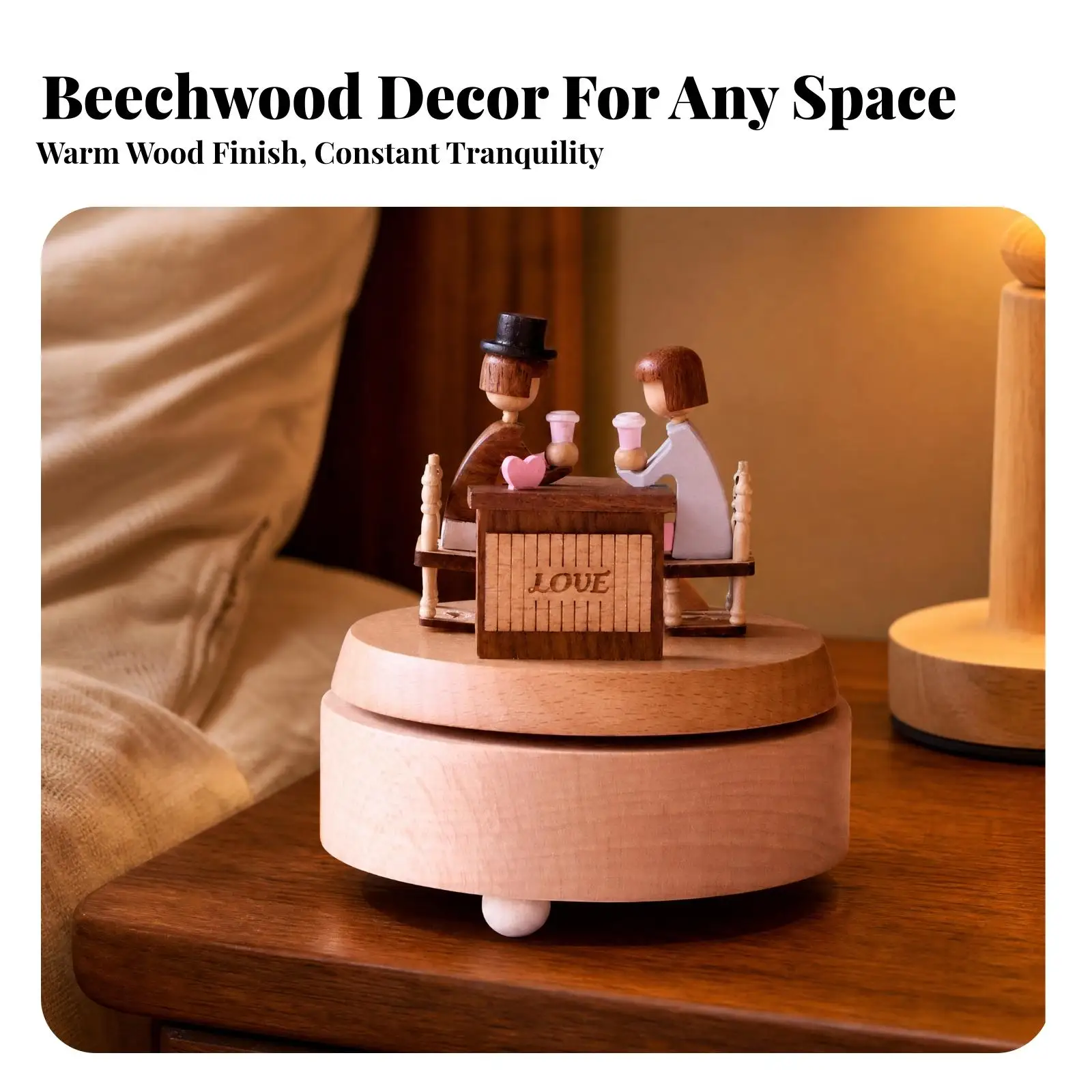 Beech Beech Tone Box with Rotating Scene Painted Carved Wooden Music Box with Figurines Freestanding for Gift Recipients, Shelf