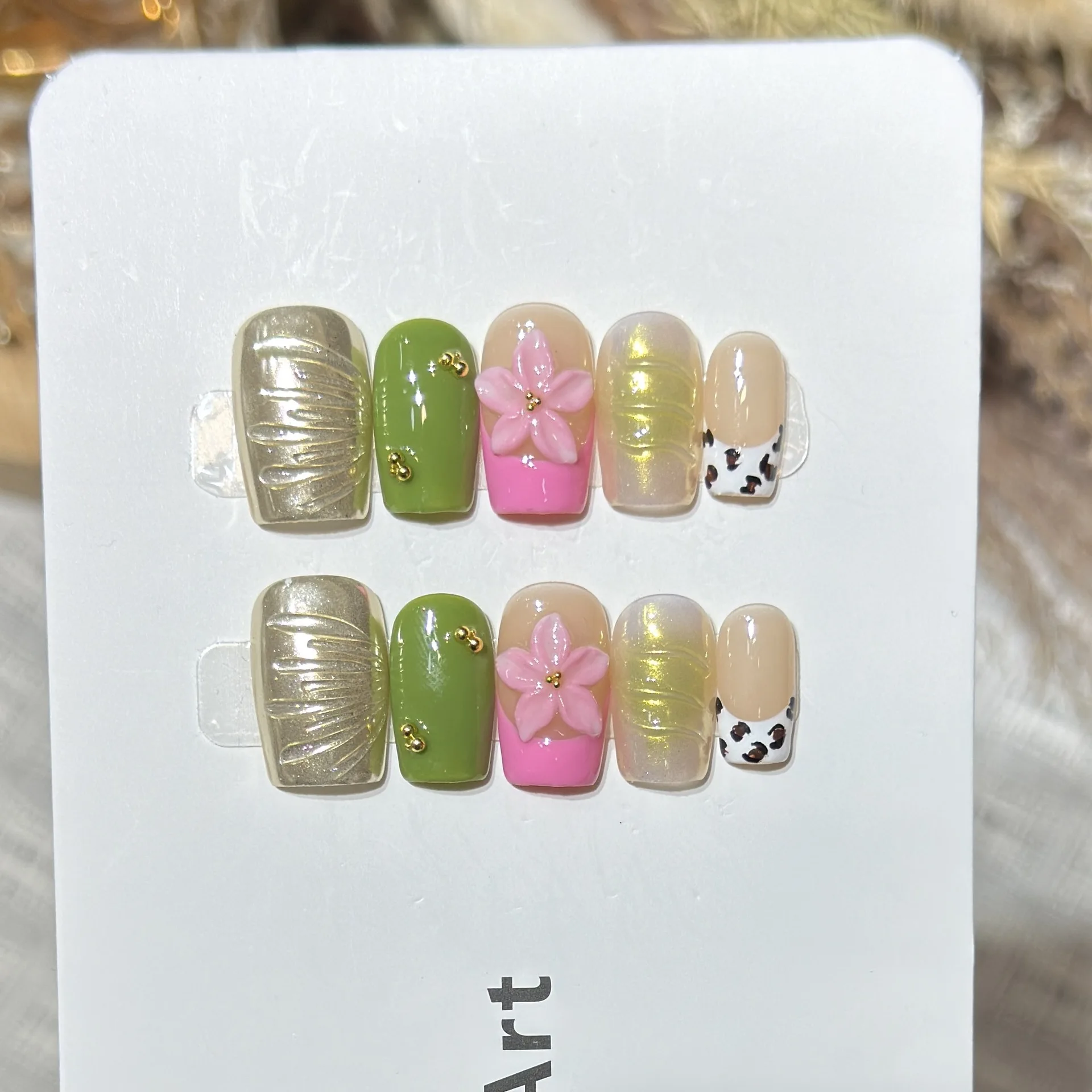 10pcs Handmade Press On Nails 3D Flower Leopard Print French Full Cover Fake Nails Tip 2026 Summer Green Ballet Manicure Set