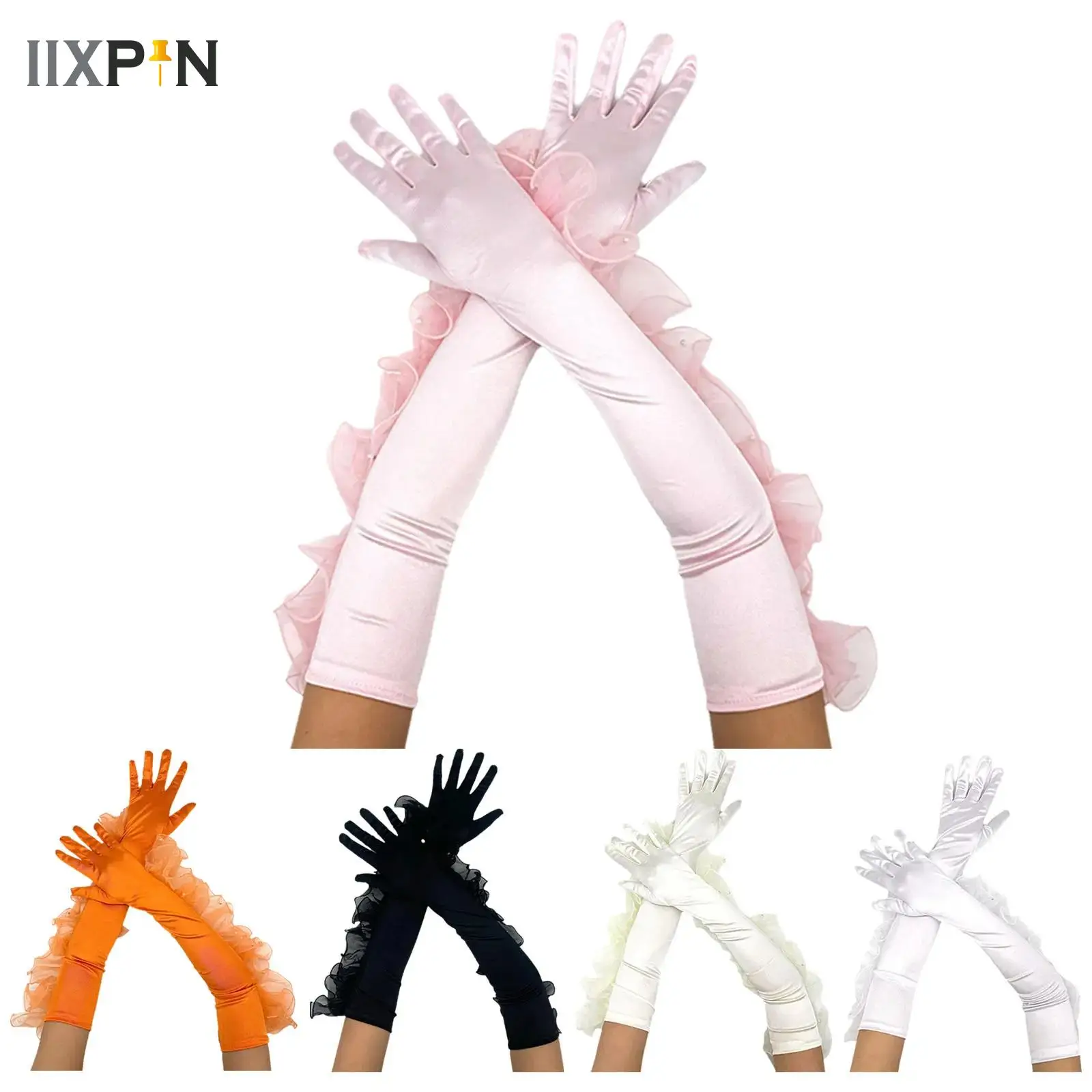 

1 Pair Women Long Elbow Gloves 1920s Opera Gloves Side Ruffled Trim Design for Wedding Evening Party Cosplay Dance Stage Show
