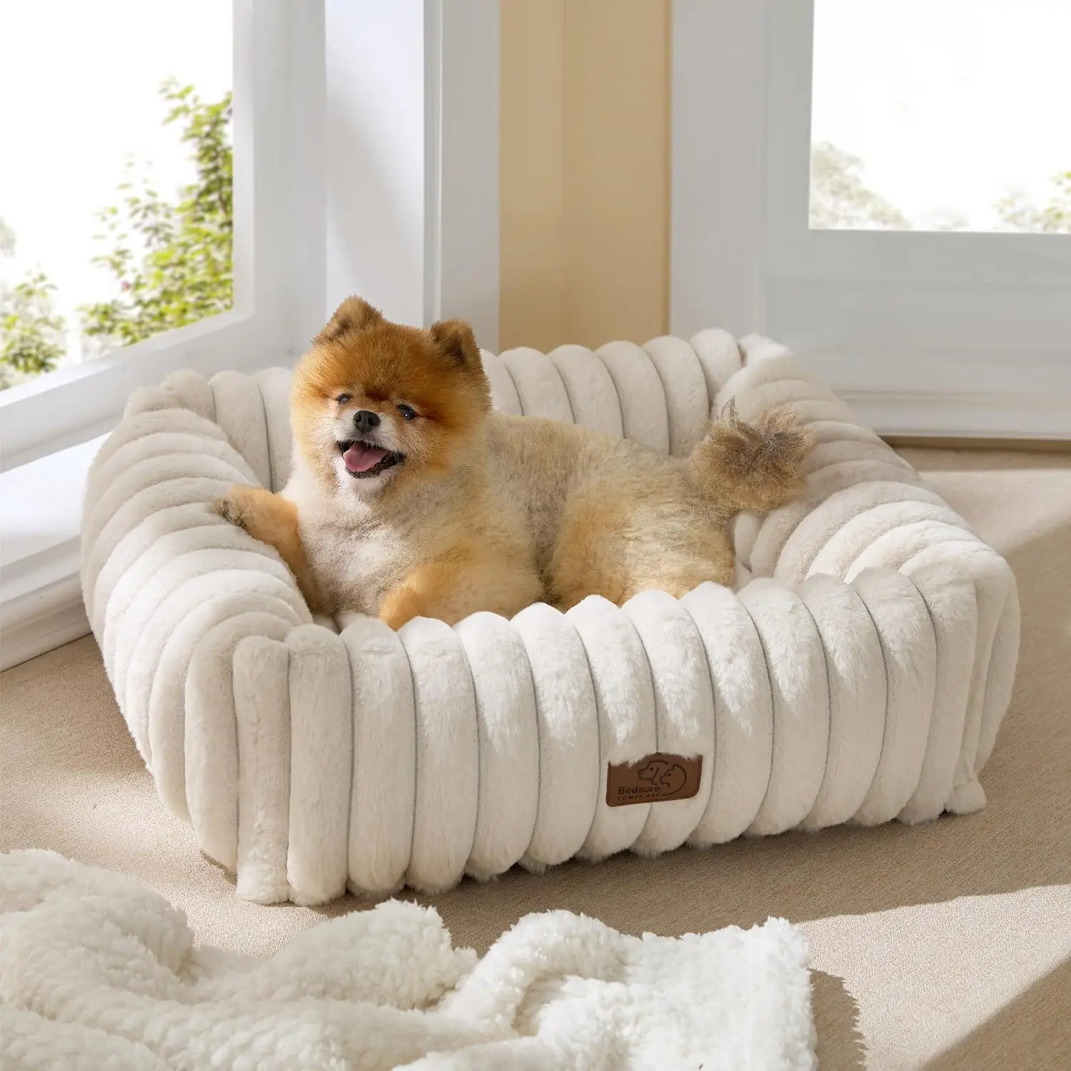 

Cute Washable Dog Bed for Small & Medium Dogs - Orthopedic Rectangle Pet Bed with Removable Cover, 25x21x7in, Cream