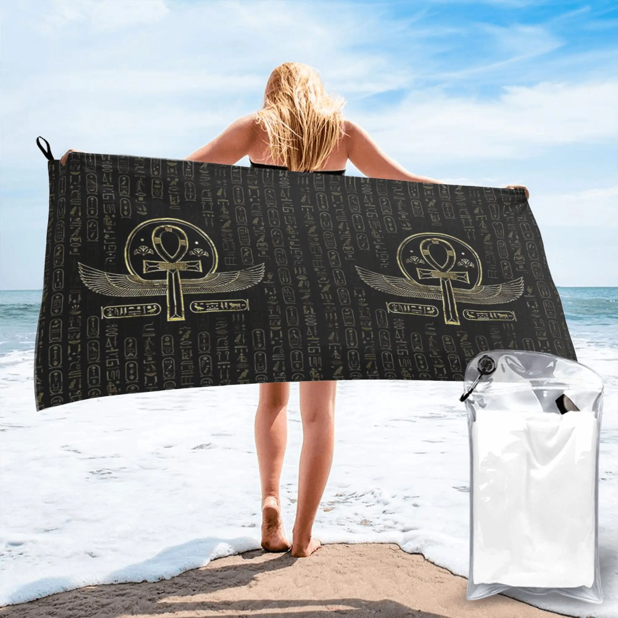 Egyptian Cross  Ankh Gold and black Beach Towel Soft Microfiber Quick Dry Absorbent Quick Towels For Pool