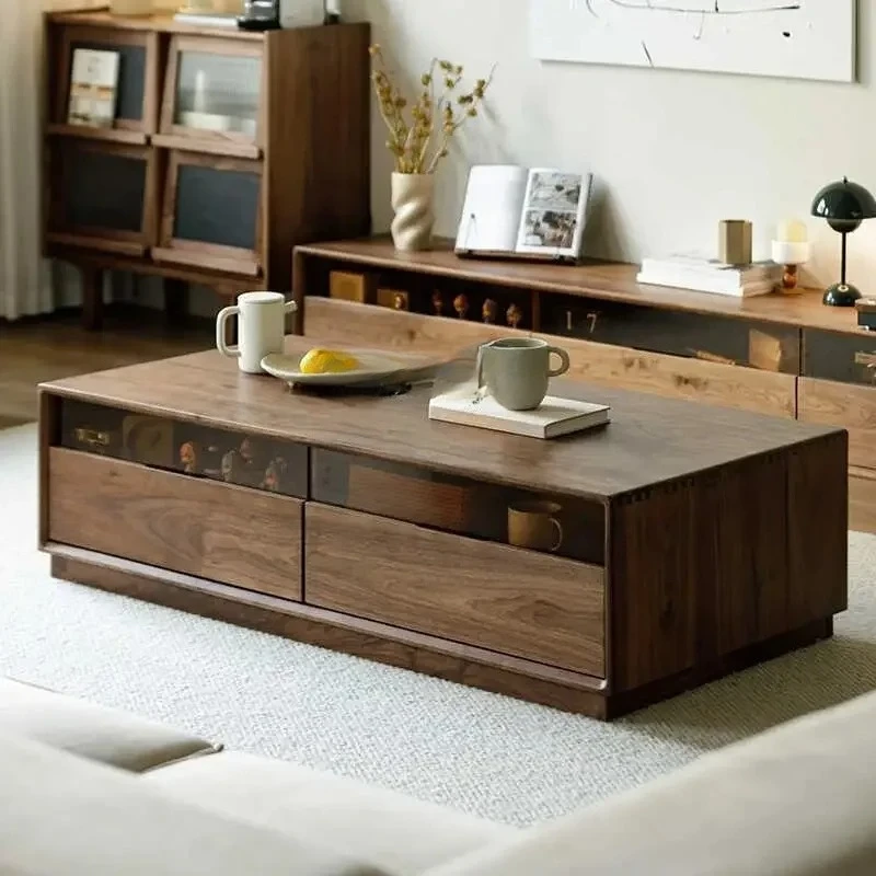 

North American black walnut coffee table TV cabinet combination glass all solid wood coffee table living room R