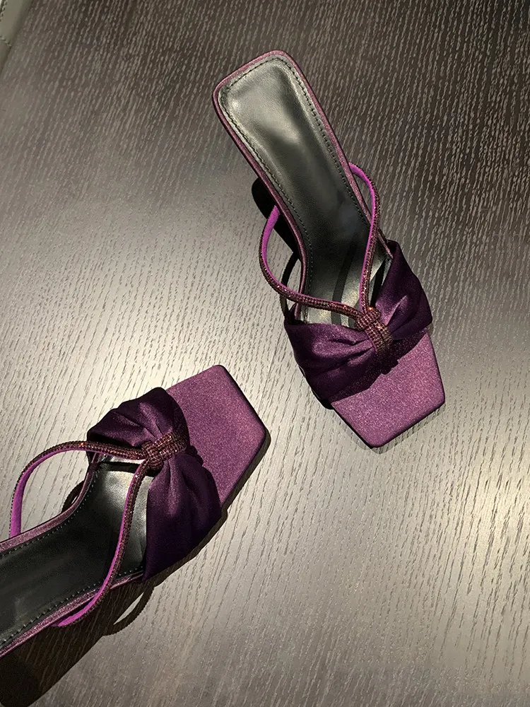 Purple Satin Square Toe Slippers Pleated Knot Crystal Strap Runway 2026 Summer Women Dress Shoes Slip On Handmade Thin High Heel