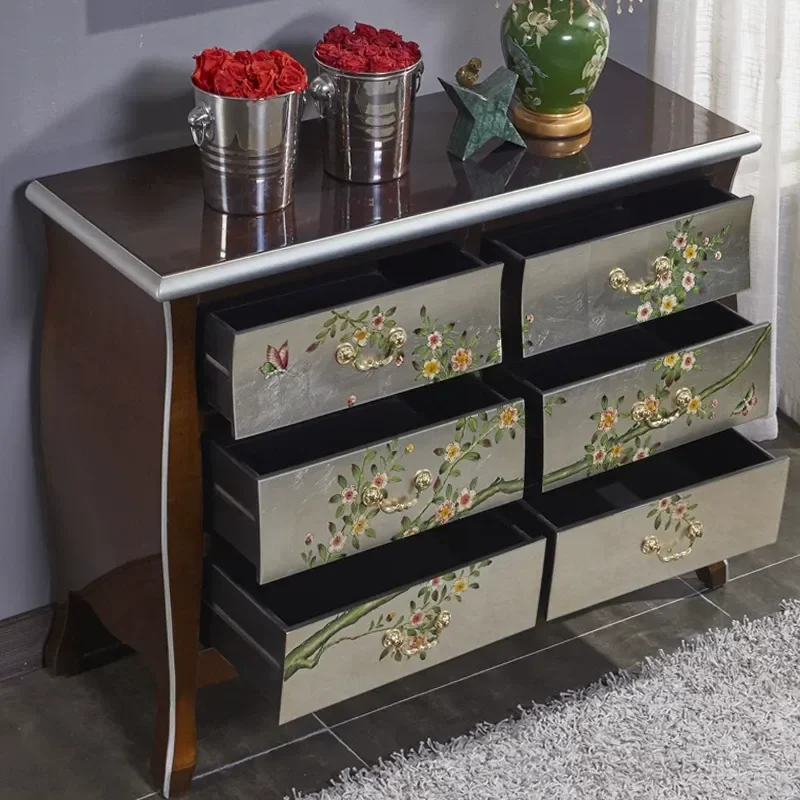 American Country Style Hand Painted Solid Wood Sideboard Dining Cabinet Tea Storage Chest Bedroom Living Room Furniture