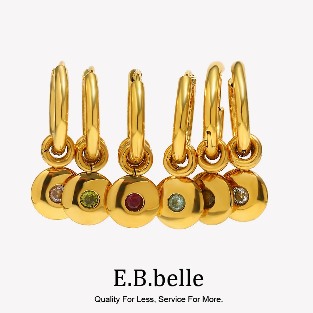 E.B.belle Round Card 12 Month Birthstone Hoop Earring With Three Circle Colorful Stone Cute Statement Women's Jewelry