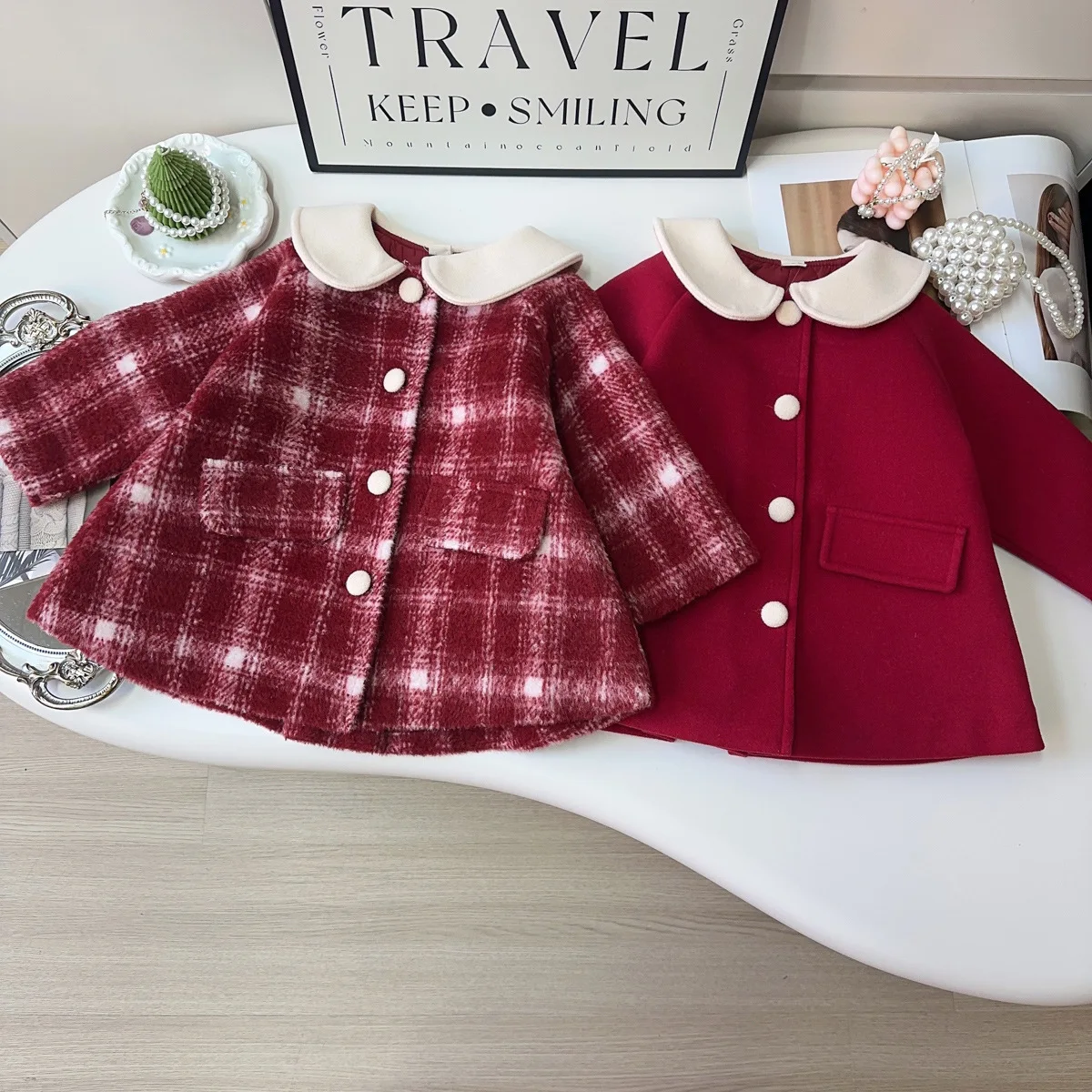 Winter Children Girls Plaid Overcoat Peter Pan Collar Padded Thicken Warm Kids Girls Coat Red Toddler Baby Girls A-line Coats
