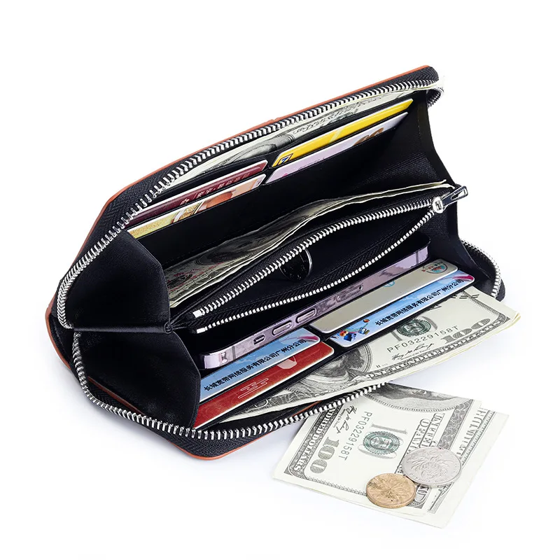 2025 New Genuine Leather Women's Long Wallet with Contrast-Color Design, Spacious Zip Closure Clutch Purse