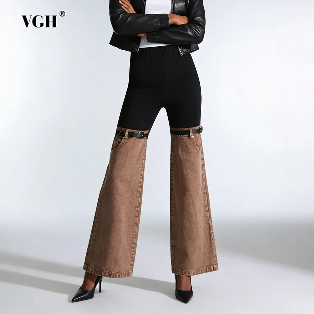 VGH American Style Sexy Hit Color Pants For Women High Waaist Spliced Pockets Autumn Slimming Elegant Trousers Female Fashion