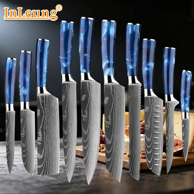Stainless Steel Kitchen Knife Set Sharp Japanese Chef Knife High Carbon Laser Damascus Blue Resin Handle Cooking Slicing Knives