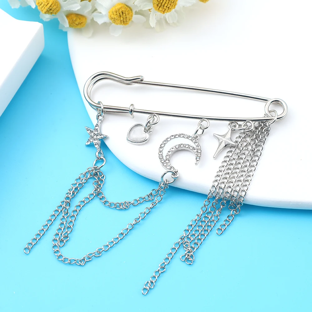 Safe-Pin Pattern Brooch Jewelry Cute Love Heart Four-Pointed Star Crescent Rhinestone Inlaid Chains Strings Corsage Pins Accesso