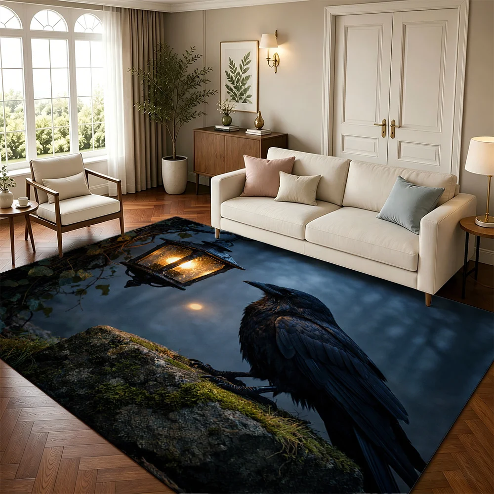 1pc Elegant Retro Area Rug, Dark Raven Pattern, Non-Slip, Easy to Clean, Light & Soft, Machine Washable, for Living Room