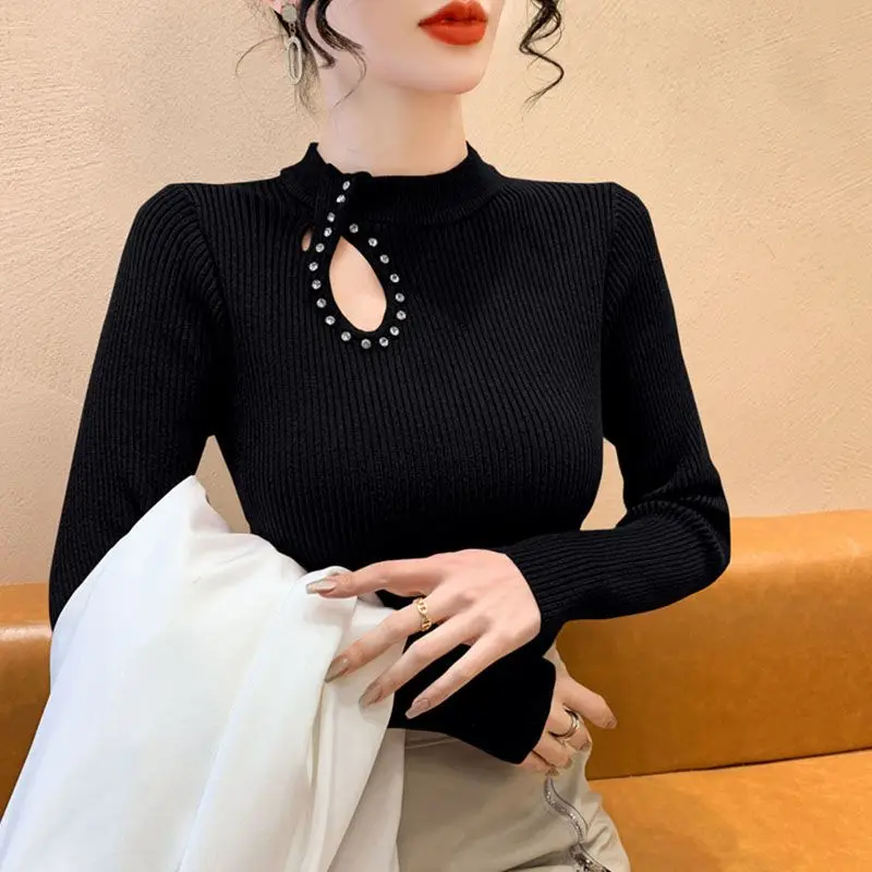 

Hollow Out Women's Knit Sweater Casual Long Sleeve Sueters De Mujer Trend Elegant Korean Fashion Jumper Black Ladies Pullovers