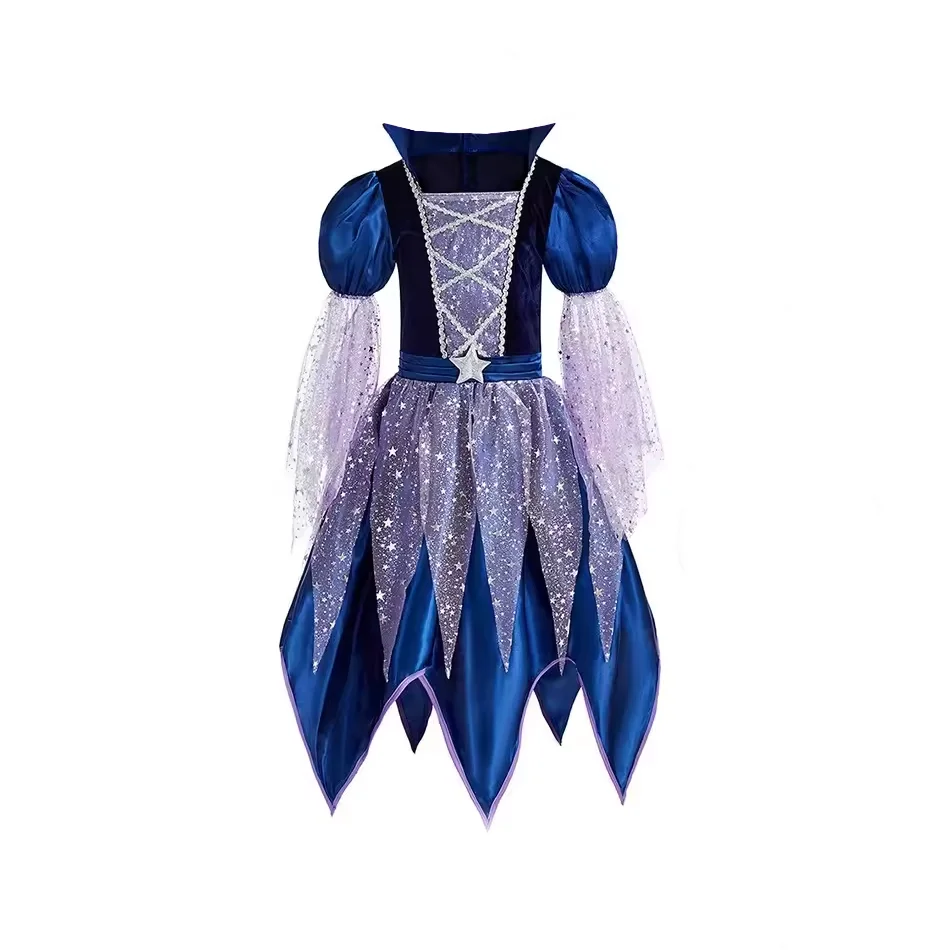Allerheiligen Kinder Dunkelblaues Stern-Tüll-Hexenkostüm 4-teiliges Set Kleid+Zauberhut+Zauberstab-Tasche Mädchen Halloween Cosplay Outfit – Detail 6
