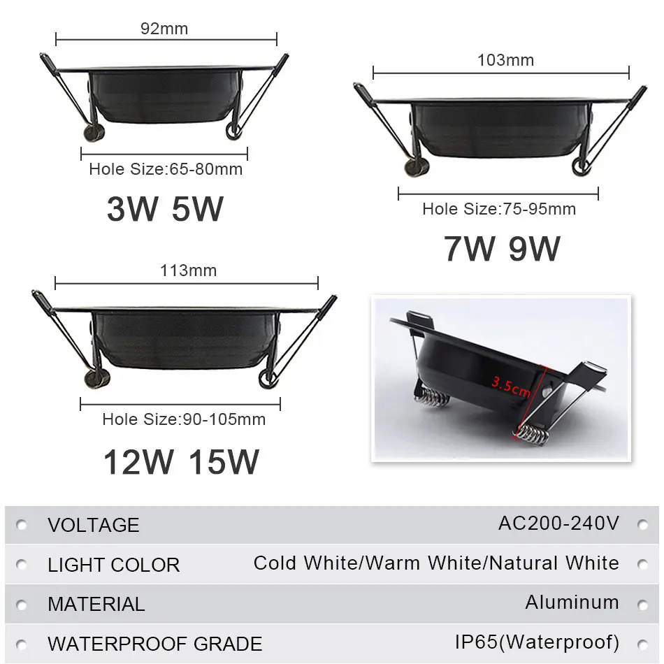 LED Downlight Waterproof IP65 7W 9W 12W 15W 3W 5W Spot Lamp AC 220V 230V Ceiling lamp Warm Natural Cold White Indoor Lighting