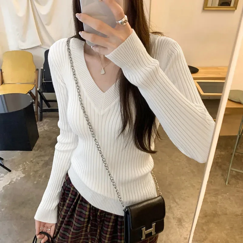

Chic V Neck Knit Sweater Women Korean Solid Simple Office Lady Long Sleeve Pullovers All Match Slim Fit Gentle Bottoming Jumpers
