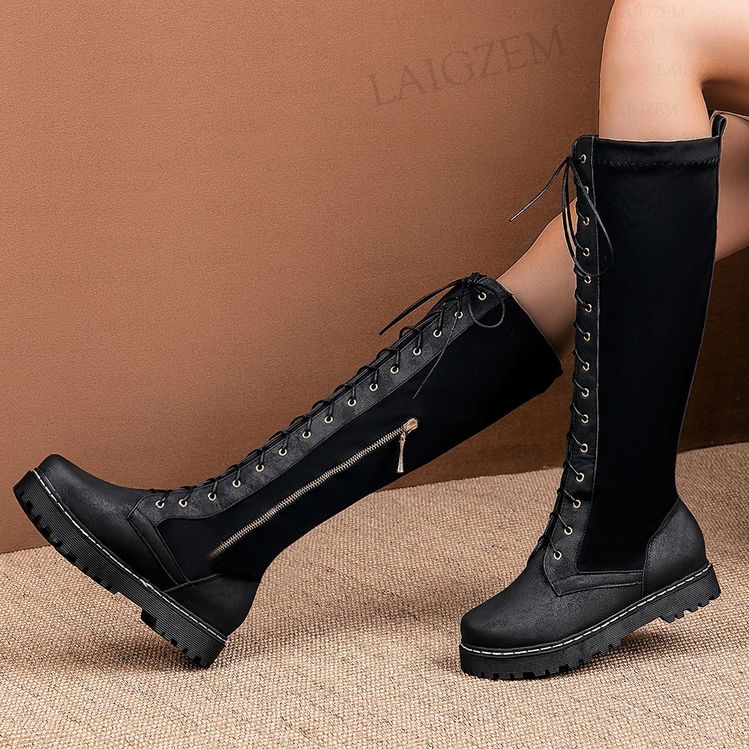 LAIGZEM Women Knee High Faux Leather Patchwork Wide Calf Friendly Flat Heels Boots Side Zip Shoes Woman Big Size 41 43 46 50 52